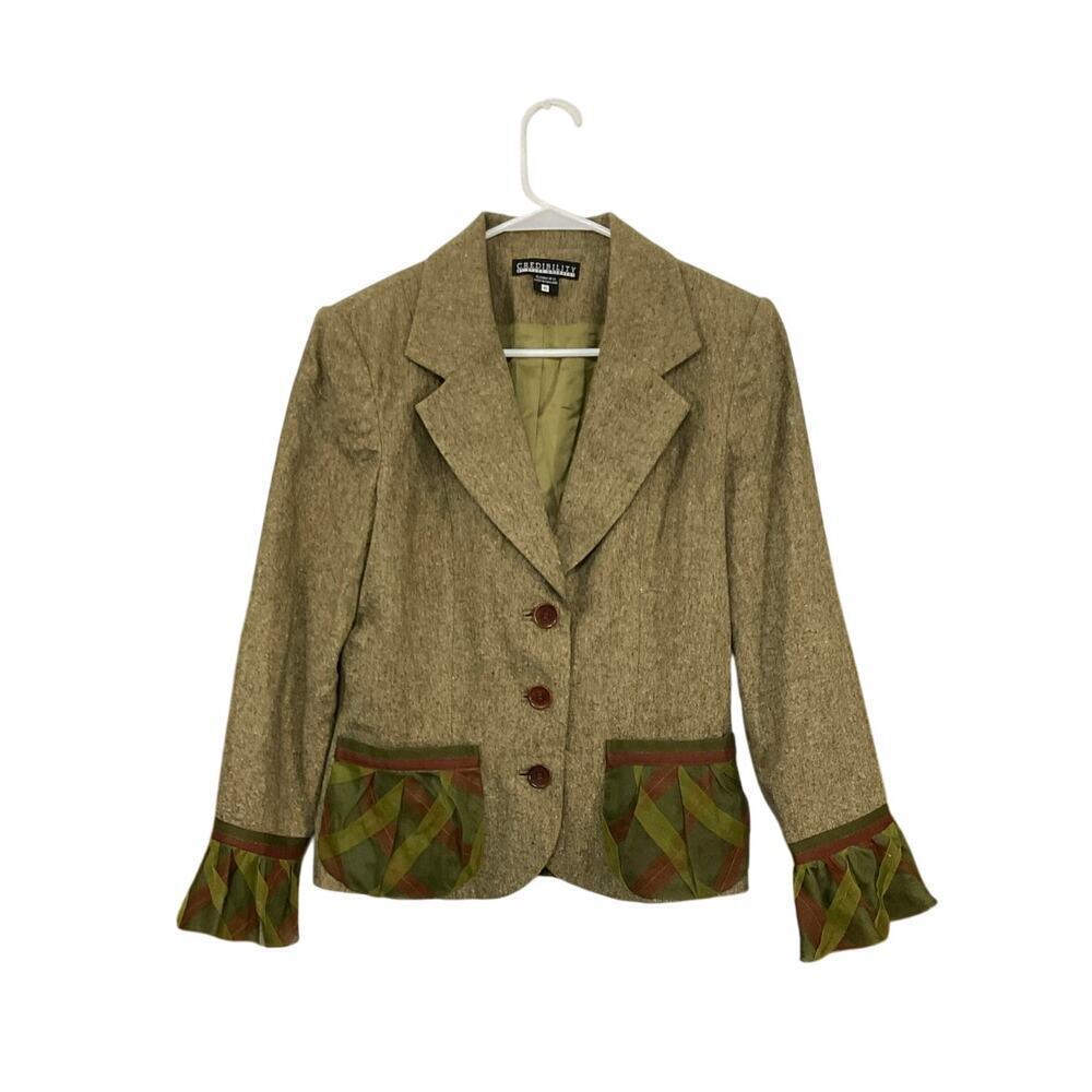 VTG 90s Credibility Sherri Drobnick Ruffle Plaid Trim Wool Blazer Sz 10 Medium